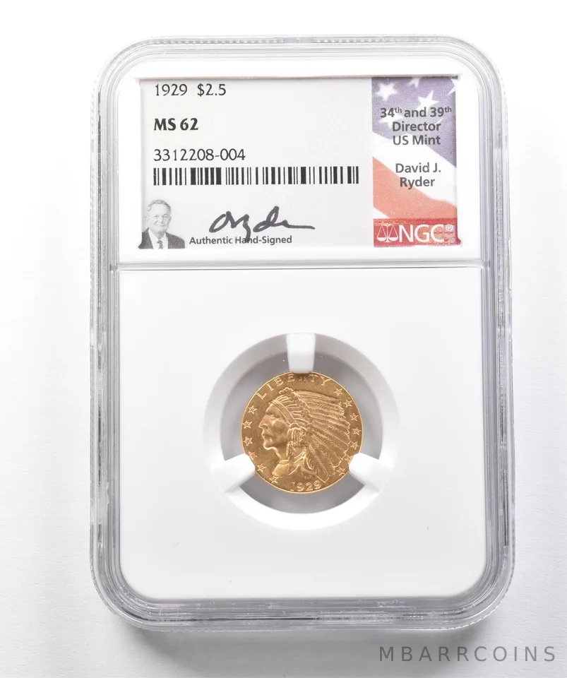 1929 $2.50 Indian Head Gold Quarter Eagle David Ryder MS62 NGC *9922