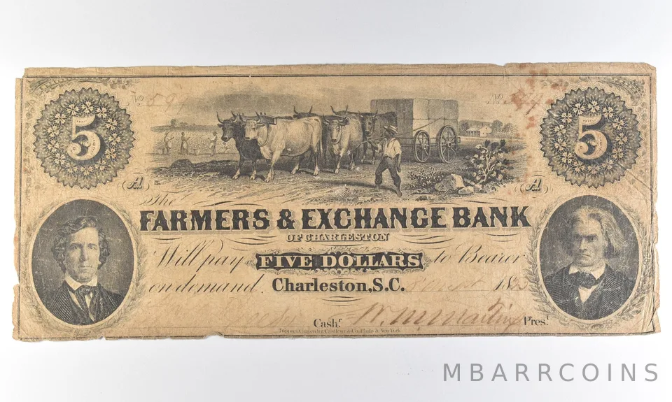 1853 $5 Charleston SC Farmers & Exchange Bank Obsolete Note *8326