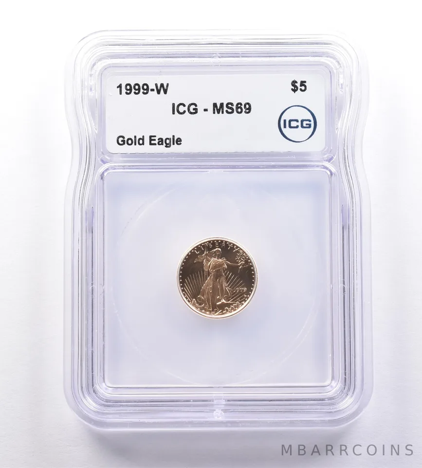 1999-W $5 American Gold Eagle 1/10 Oz Gold MS69 ICG Unfinished Die *9207