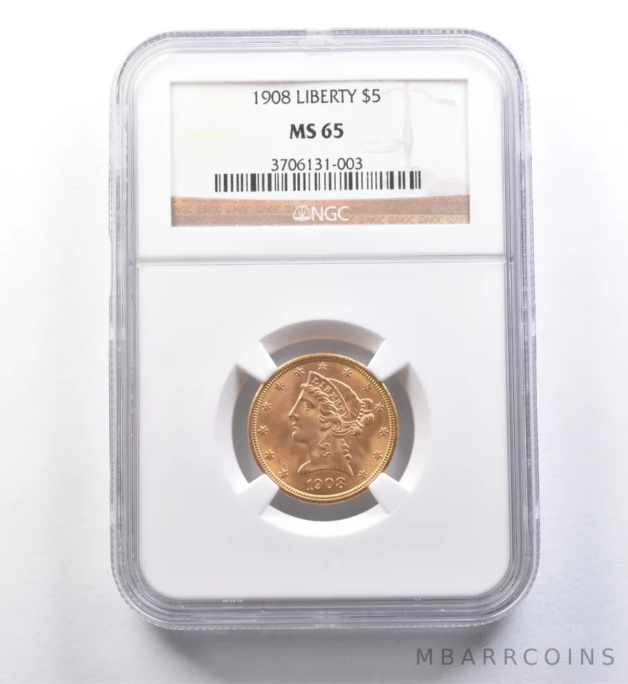 1908 $5 Liberty Head Gold Half Eagle MS65 NGC *6007