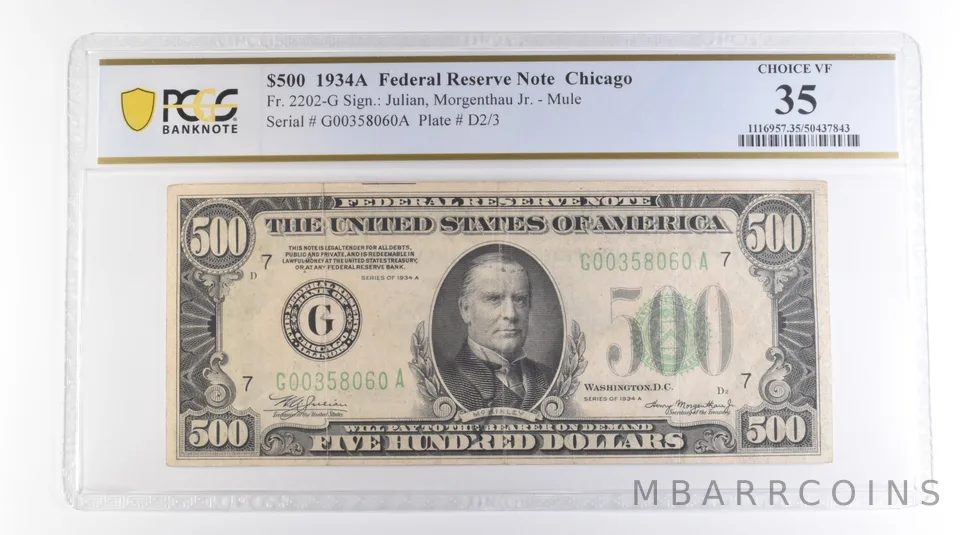 1934 A $500 Chicago IL FRN Fr#2202-G Mule Choice VF 35 PCGS a9694