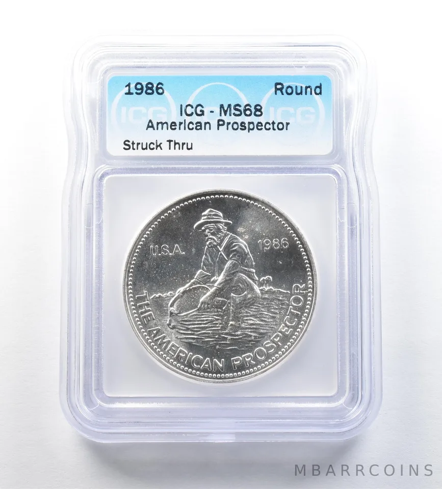 1986 Engelhard American Prospector 1 Oz Silver Struck Thru MS68 ICG *0673