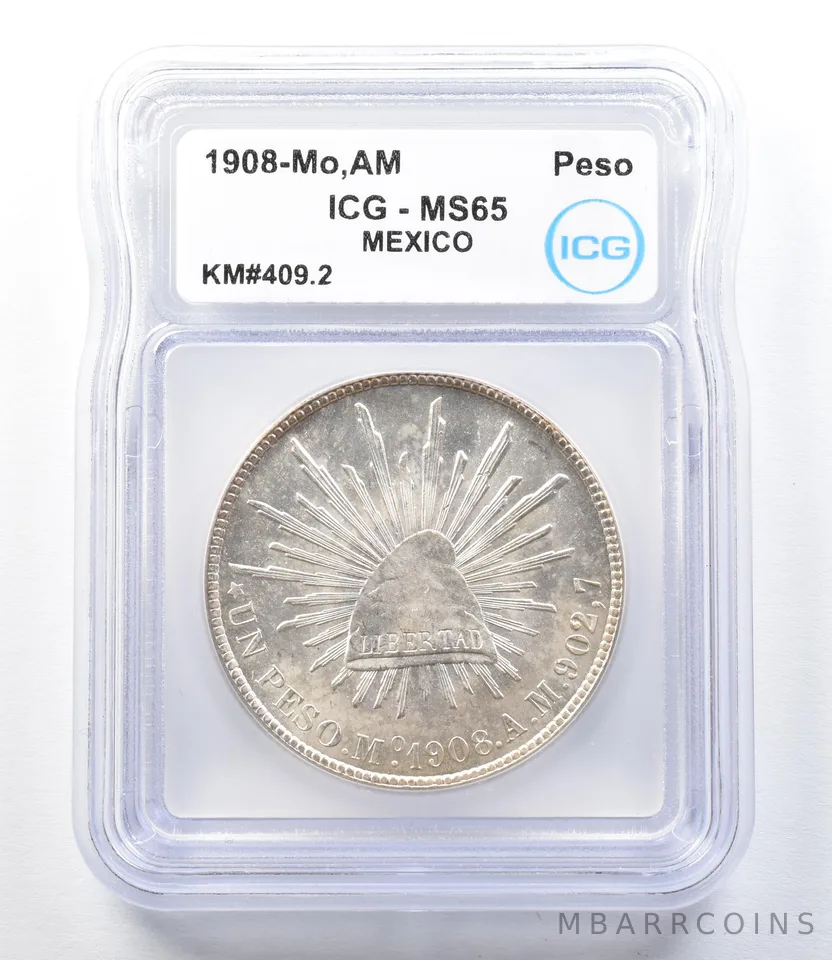 1908 Mo AM Mexico Peso KM#409.2 MS65 ICG a8843