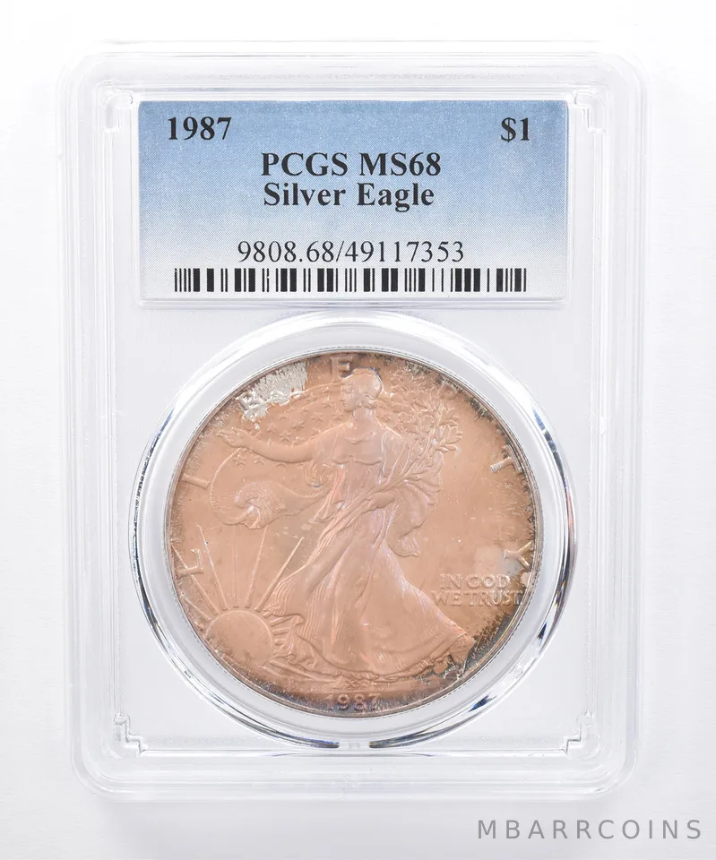 1987 American Silver Eagle MS68 PCGS Iridescent Tone *8454