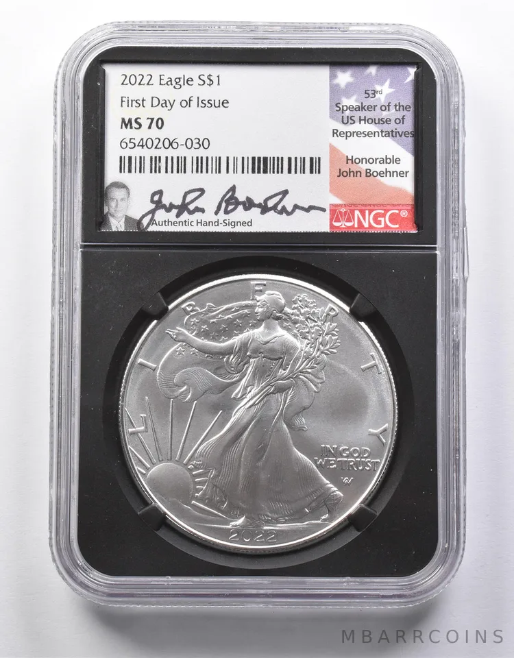 MS70 2022 American Silver Eagle FDOI John Boehner Signed NGC a8627
