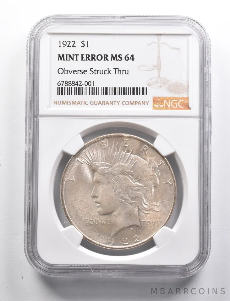 Mint Error MS64 1922 Peace Silver Dollar OBV Struck Thru NGC Ghost 1-9 *4962