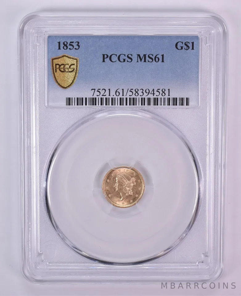 1853 $1 Liberty Head Gold Dollar MS61 PCGS Blue Label