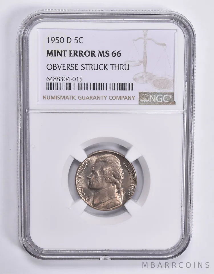 MINT ERROR MS66 1950-D Jefferson Nickel OBV Struck Thru NGC *1834