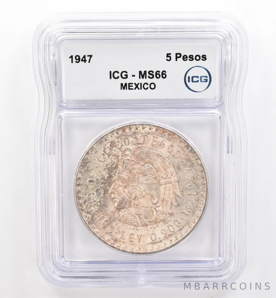 1947 Mo Mexico 5 Pesos MS66 ICG Beautiful Tone *9499