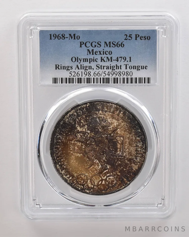 1968 Mo Mexico 25 Pesos Silver Olympic Rings Align MS66 PCGS Nice Tone *4339