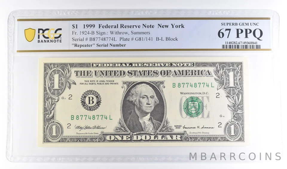 1999 $1 New York FRN Fr#1924-B Repeater Serial Superb Gem Unc 67 PPQ PCGS *6118