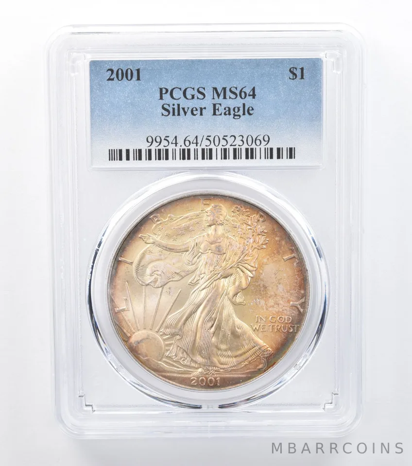 2001 American Silver Eagle MS64 PCGS Yellow Tone *7794