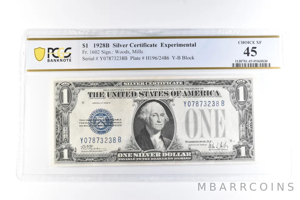 1928 B $1 Silver Certificate Experimental Fr#1602 Choice XF 45 PCGS *6107