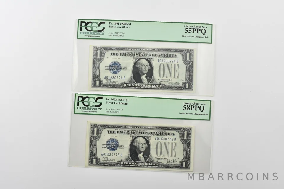 (2) PCGS AU 55/58 PPQ $1 1928-A/B Silver Cert Changeover Pair Fr 1601/1602 a8305