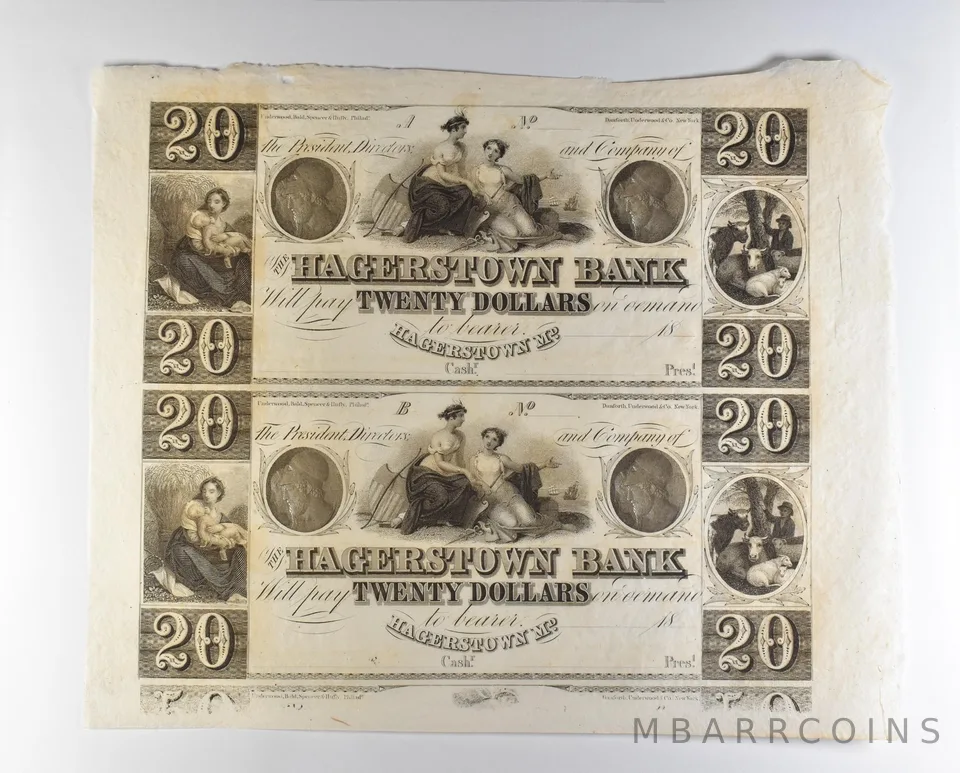 Lot (2) 1800s $20 Hagerstown MD Bank Obsolete Note Uncut *8699