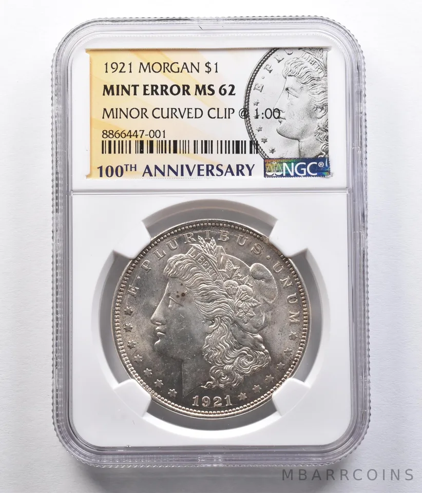 1921 Morgan Silver Dollar Mint Error Curved Clip @ 1:00 MS62 NGC *2494