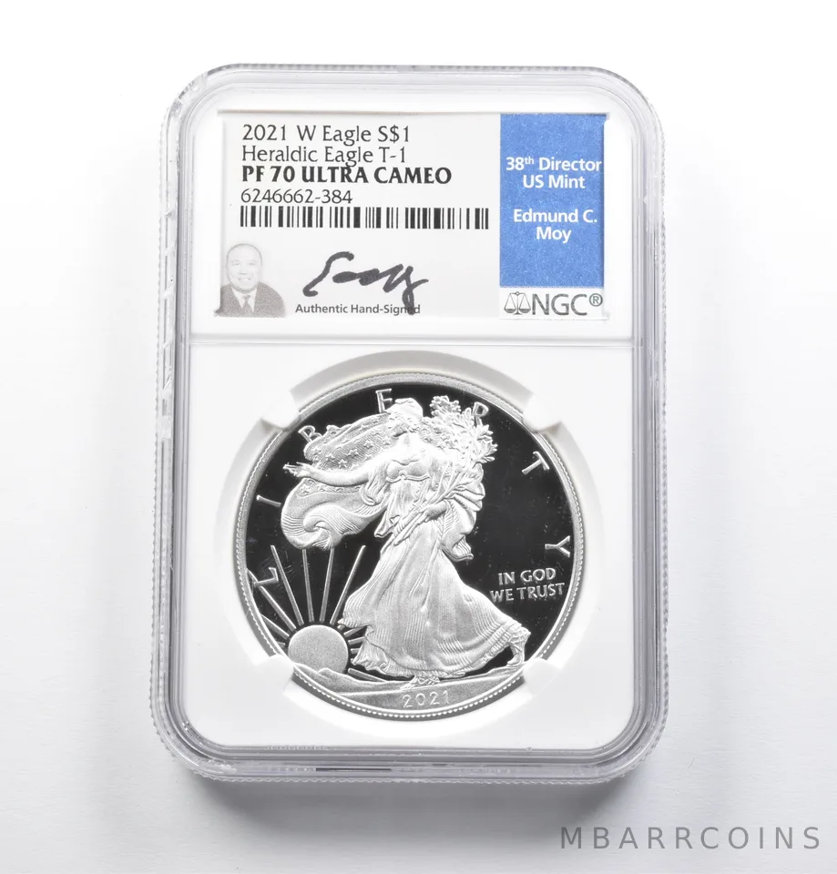 PF70 UCAM 2021-W American Silver Eagle Heraldic Eagle T-1 Signed Moy NGC *4737