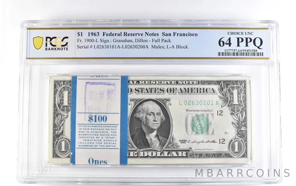 Lot (100) 1963 $1 San Francisco CA FRN Fr#1900-L Full Pack Unc 64 PPQ PCGS *1695