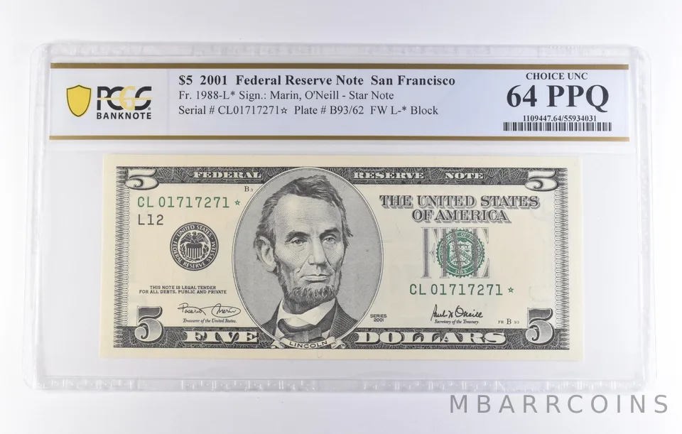 2001 $5 San Francisco CA FRN Star Note Fr#1988-L* Choice Unc 64 PPQ PCGS *8310