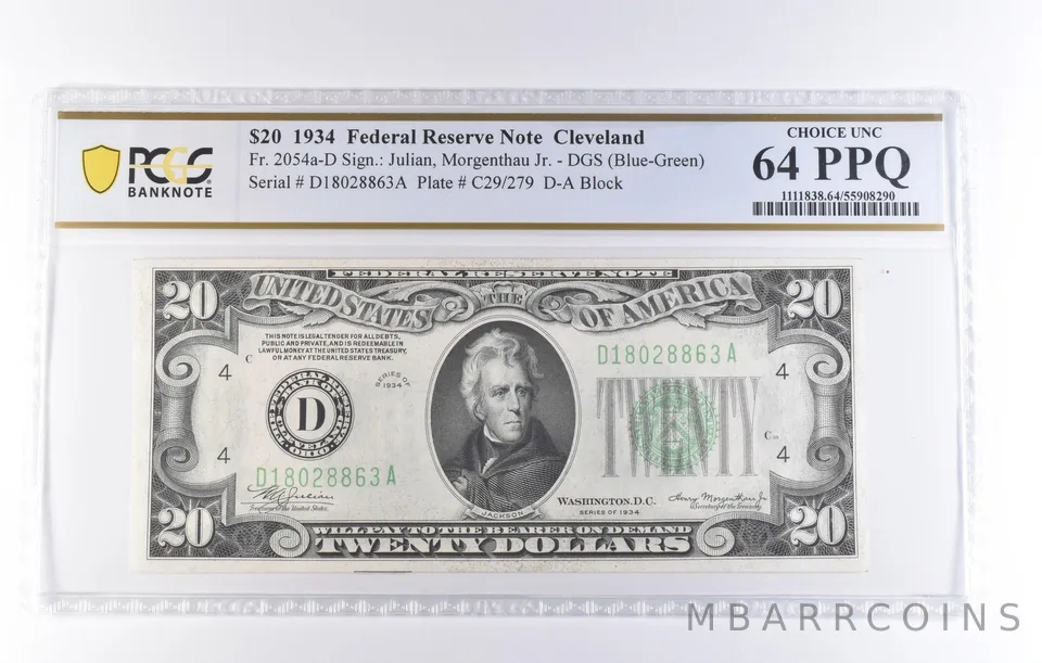 1934 $20 Cleveland OH FRN Fr#2054a-D DGS (Blue-Green) Ch Unc 64 PPQ PCGS *8242