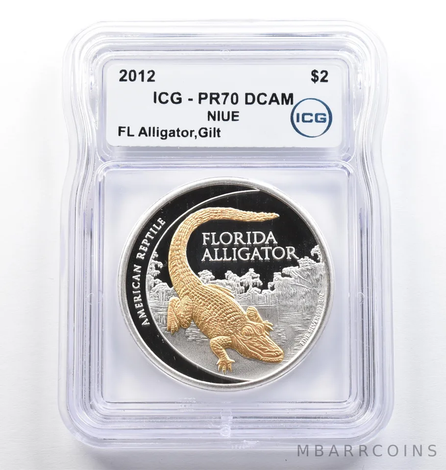 2012 Niue 2 Dollars Florida Alligator Gilt PR70 DCAM ICG *9371