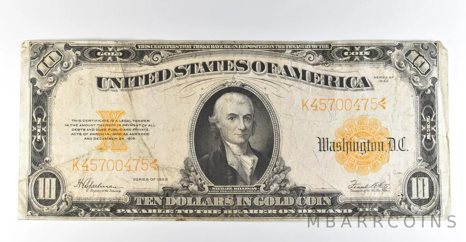 1922 $10 Gold Certificate Large Note Yellow Seal Fr#1173 *0452