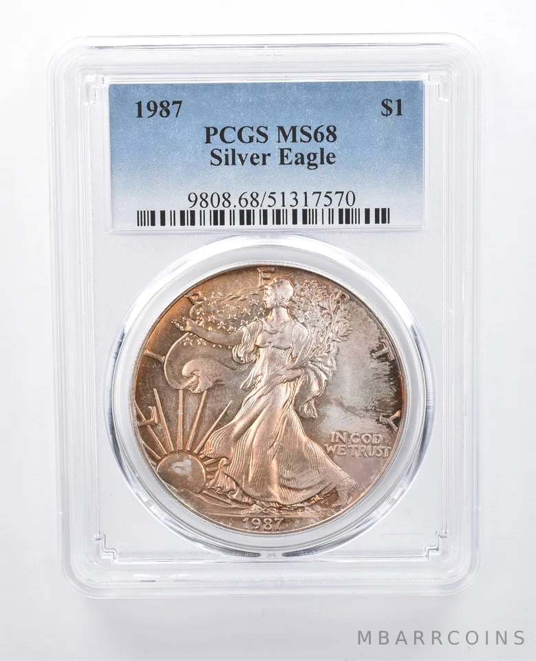 1987 American Silver Eagle MS68 PCGS Yellow Tone *8155