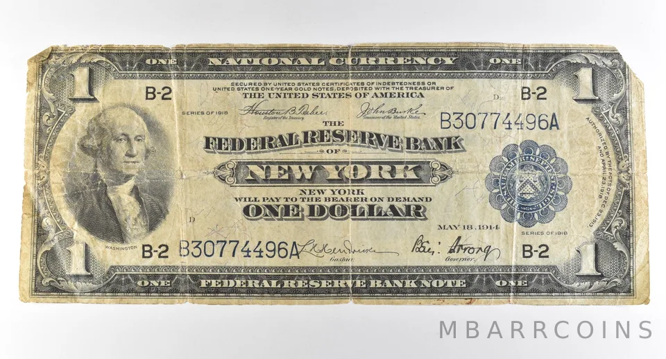 1918 $1 New York NY National Currency Large Note Blue Seal *3042