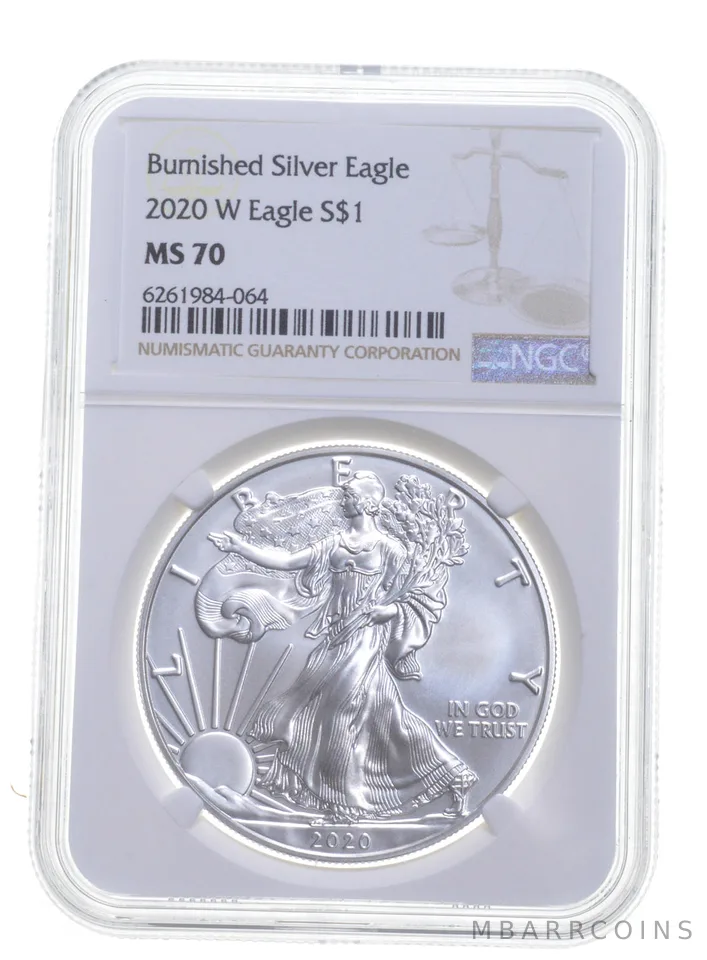2020-W BURNISHED SILVER EAGLE MS70 NGC CLASSIC BROWN LABEL