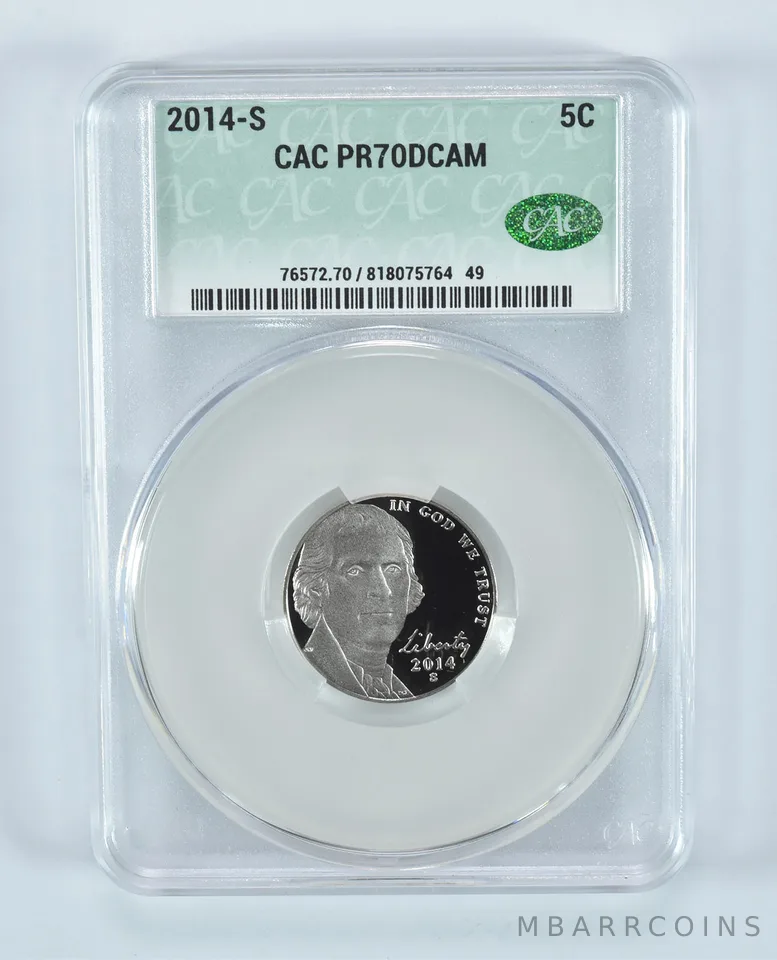 2014-S Jefferson Nickel PR70 DCAM CAC CACg