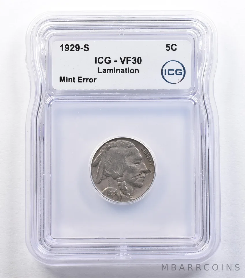 1929-S Indian Head Buffalo Nickel Mint Lamentation Mustache Error VF30 ICG *2217