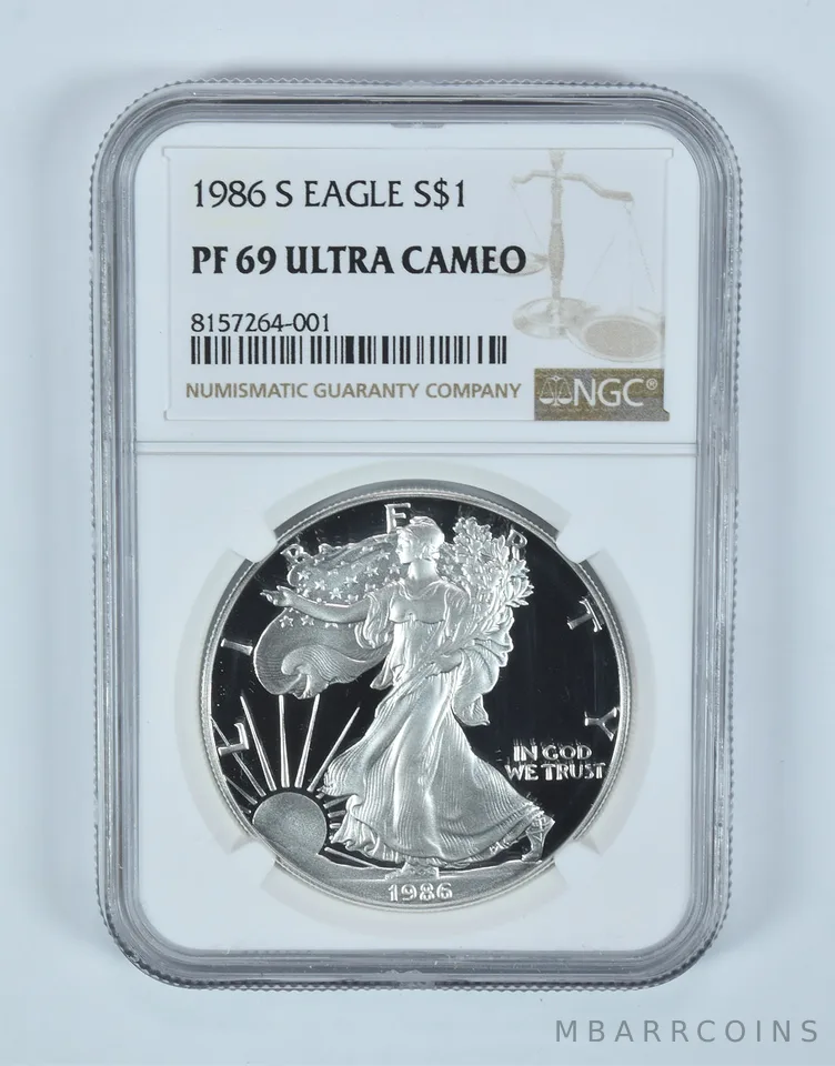 1986-S American Silver Eagle PF69 UCAM NGC Brown Label