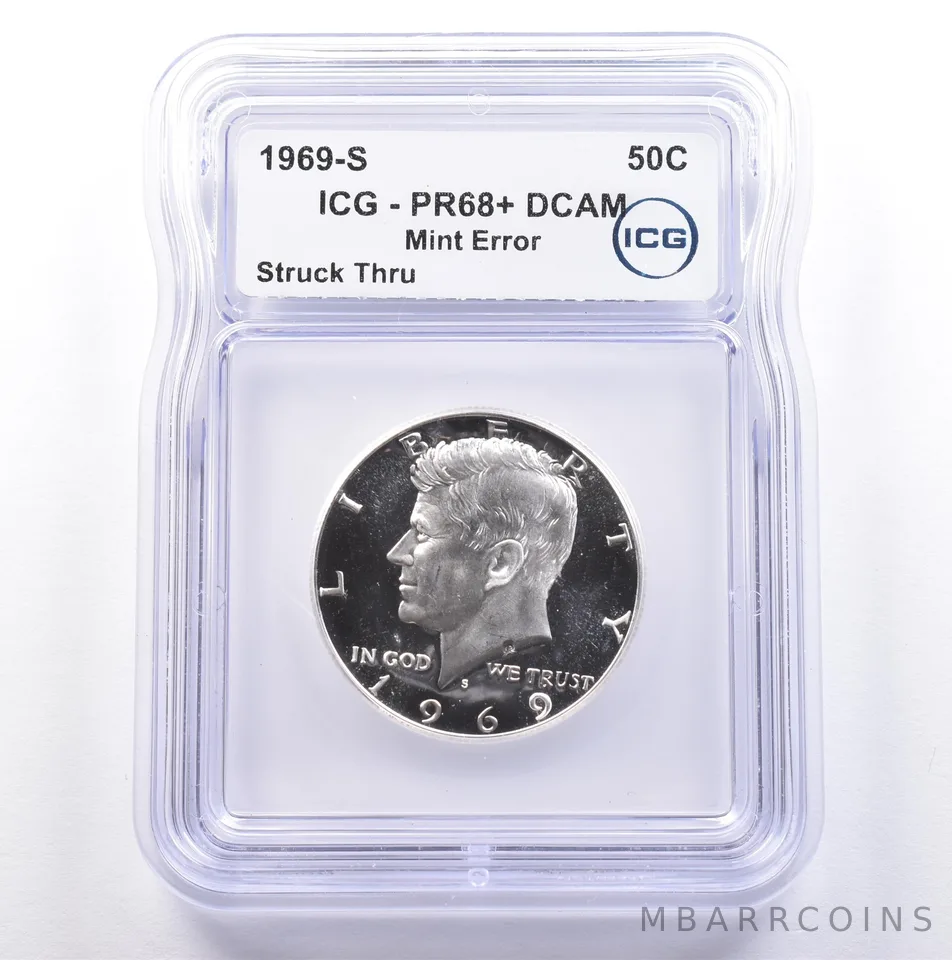 1969-S Kennedy Half Dollar Mint Error Struck Thru PR68+ DCAM ICG *9106