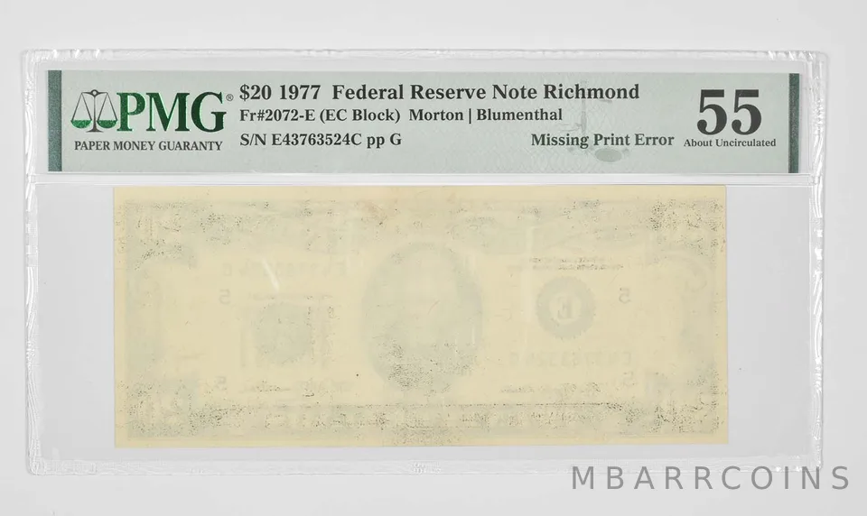 $20 1977 Richmond, VA FRN PMG 55 About UNC Fr# 2072-E Missing Print Error a0911