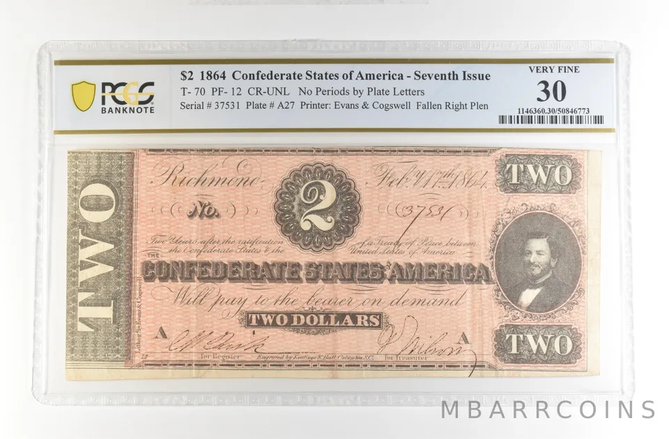 1864 $2 Confederate States America Large Note T-70 PF-12 CR-UNL VF 30 PCGS *4187
