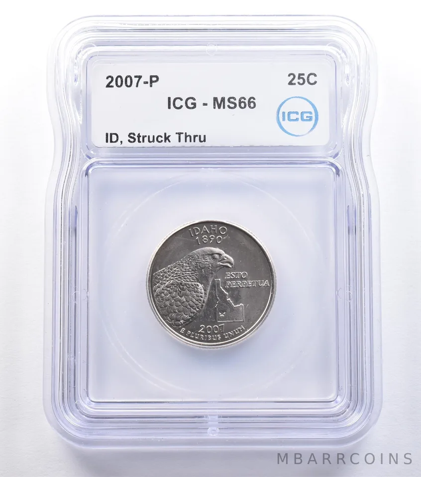 2007-P Washington State Quarter Idaho Mint Error Struck Thru MS66 ICG *9592