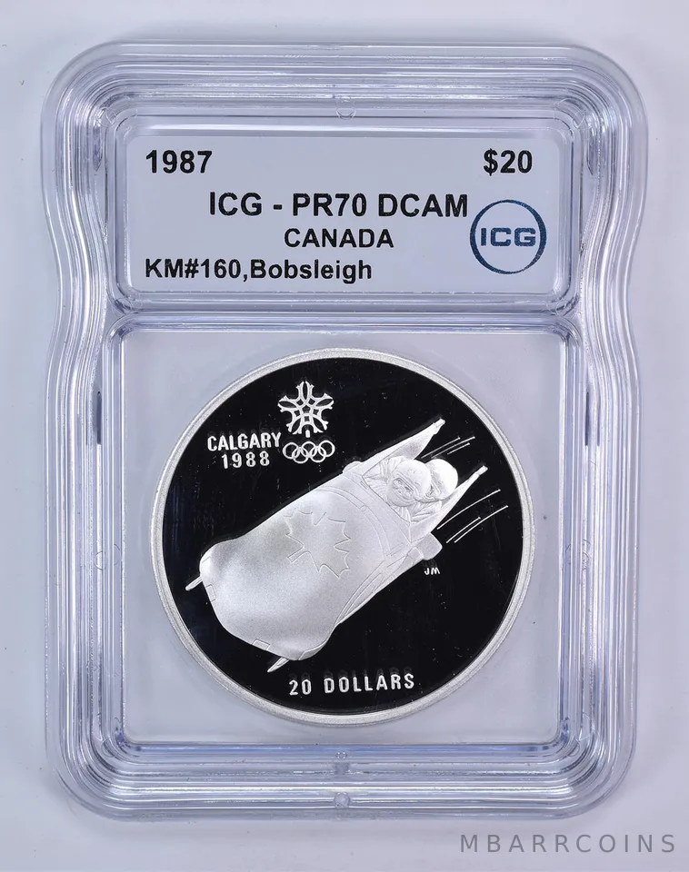 1987 Canada 20 Dollars Calgary Olympics Bobsleigh PR70 DCAM ICG