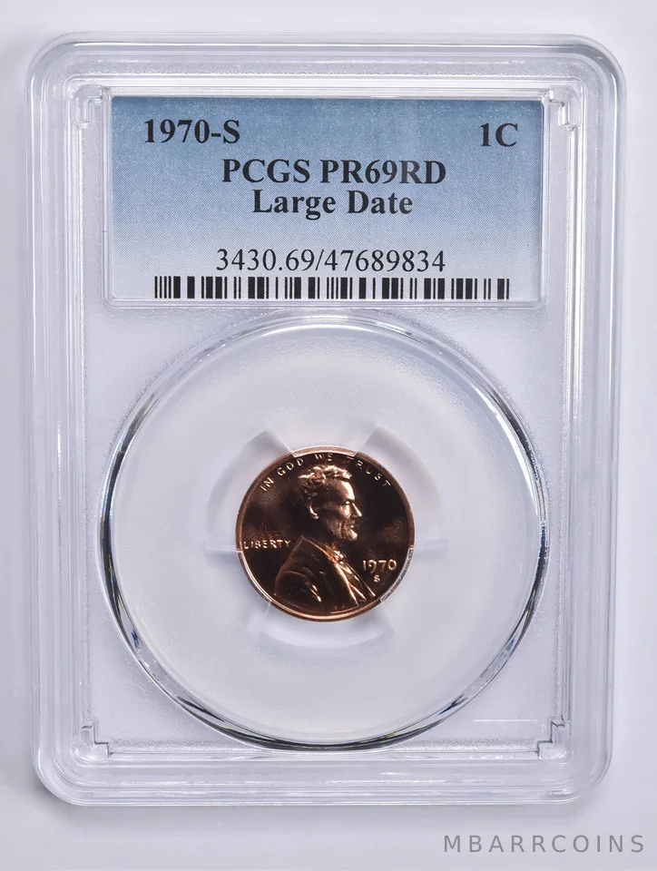 1970-S Lincoln Memorial Cent Large Date PR69 RD PCGS Blue Lbl