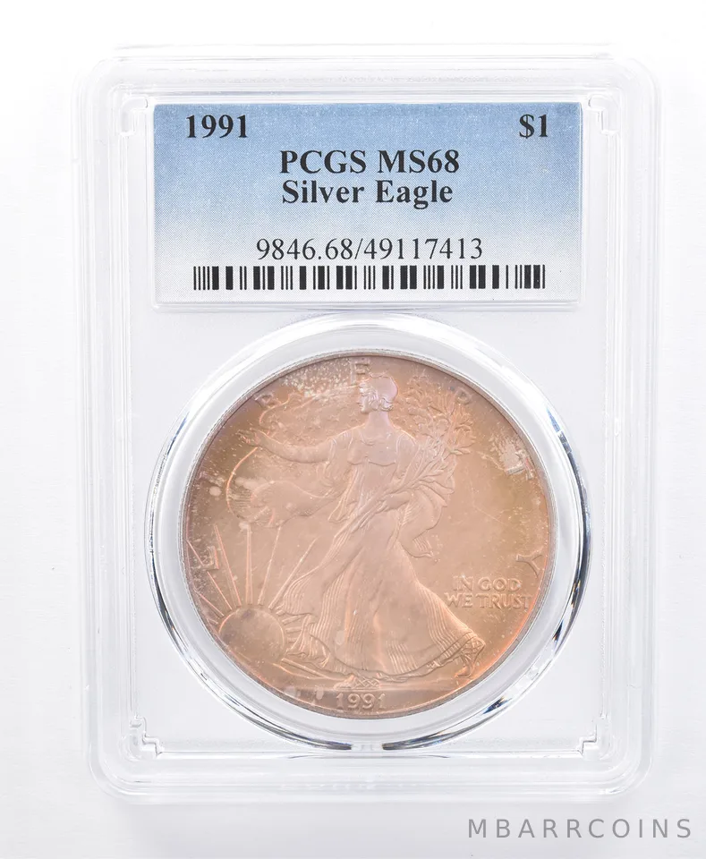 1991 American Silver Eagle MS68 PCGS Purple/Orange Tone *8618