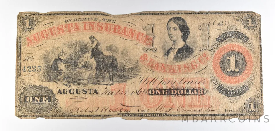 1861 $1 Georgia Augusta Insurance Banking Company Obsolete Note *8795