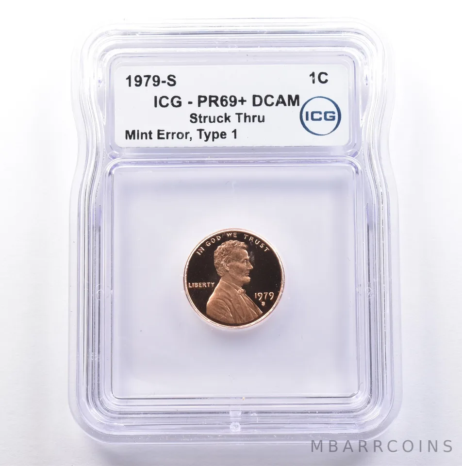 1979-S Lincoln Memorial Cent Type 1 Mint Error Struck Thru PR69+ DCAM ICG *9030