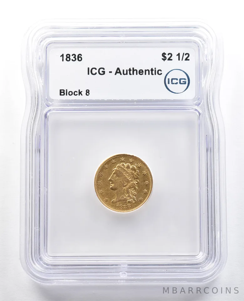 1836 $2.50 Classic Head Gold Quarter Eagle Block 8 Authentic ICG *4892