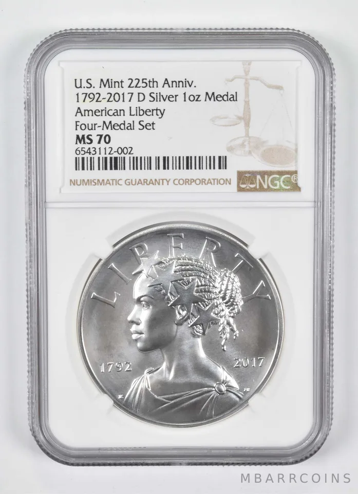 1792-2017-D 1 Oz Silver Medal US Mint 225th Anniversary MS70 NGC Brown Lbl