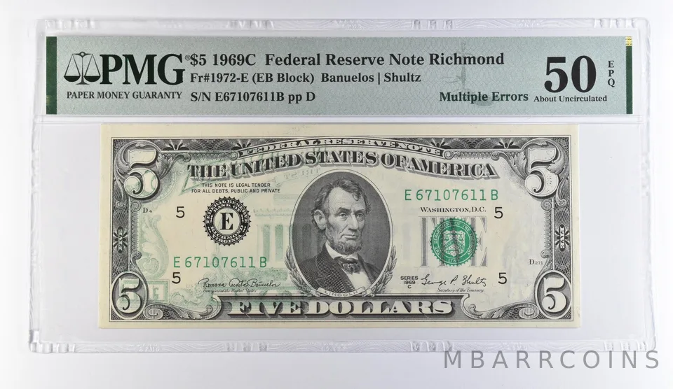 1969 C $5 Richmond VA FRN Multiple Errors Fr#1972-E About Unc 50 EPQ PMG *9450