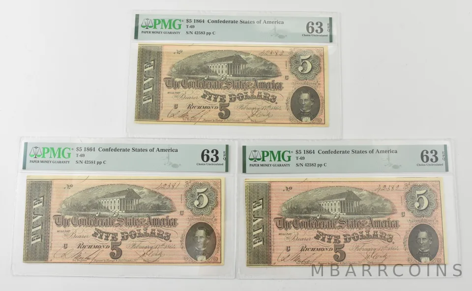 Lot (3) 1864 $5 Confederate States T-69 Choice Unc 63 EPQ PMG Consecutive a9253