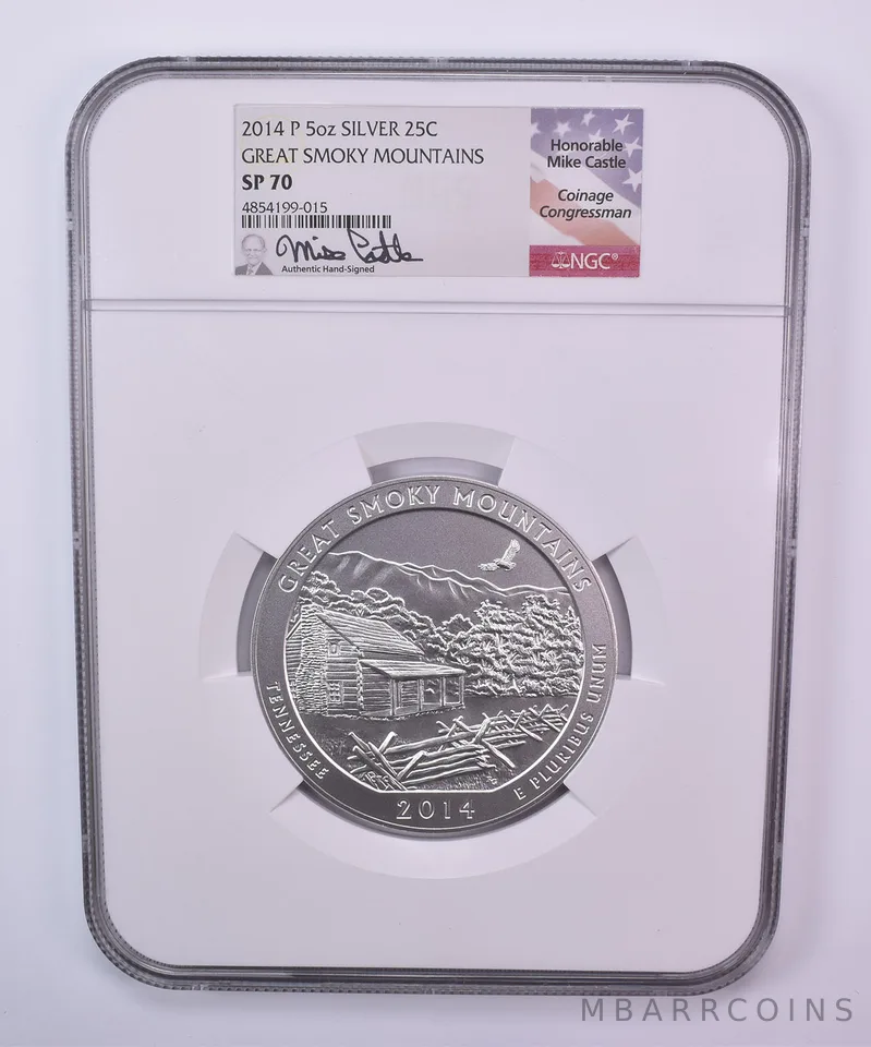 2014-P 5 Oz Silver Quarter ATB Great Smoky Mountains Mike Castle SP70 NGC