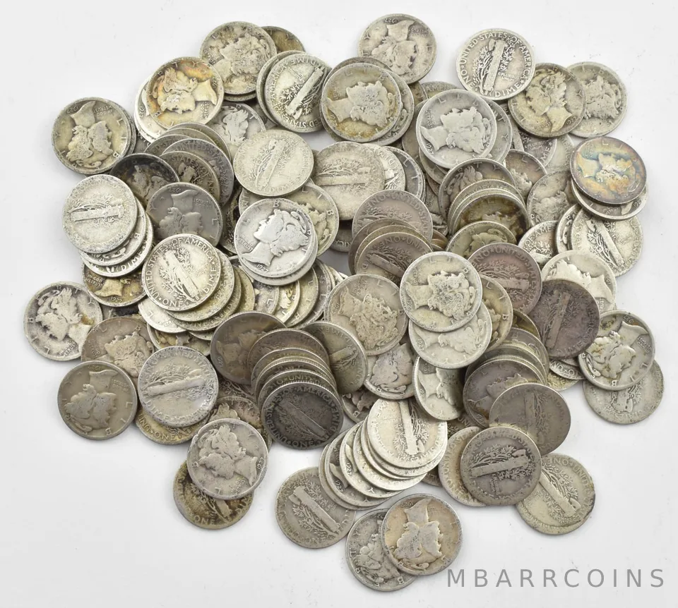 1927-S Mercury 90% Silver Dime Roll Lot of 50 PCS $5 Face