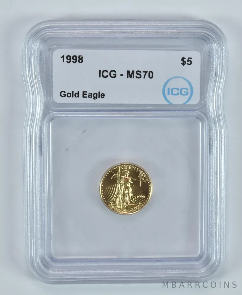 1998 $5 American Gold Eagle 1/10 Oz Gold MS70 ICG