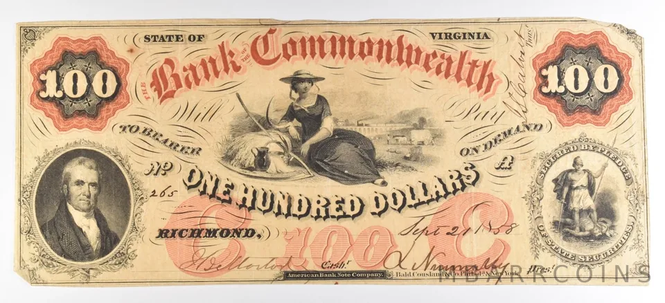 1858 $100 Bank Note Virginia Bank Of The Commonwealth Large Note *5568