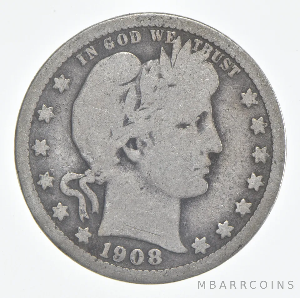 1908 (P) Barber Quarter 90% Silver VG Condition